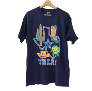 Vintage Texas 3D Textured Neon Navy Blue Short Sleeve Shirt Single Stitch